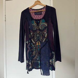 Tricotto blue & multicoloured long sleeve top dress with boho pattern lotus